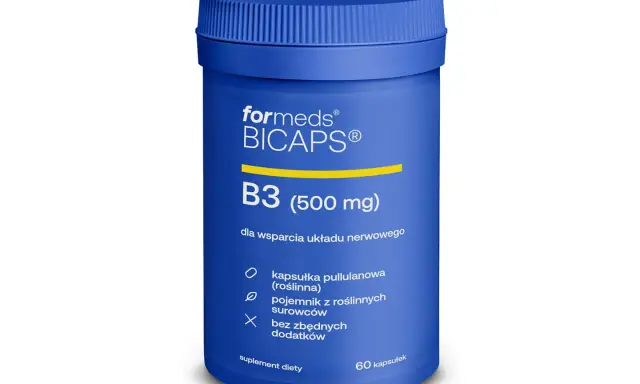 Niebieski pojemnik suplementu diety Formeds BICAPS B3 (500 mg), zawierający witaminę PP dla wsparcia układu nerwowego. 60 kapsułek.