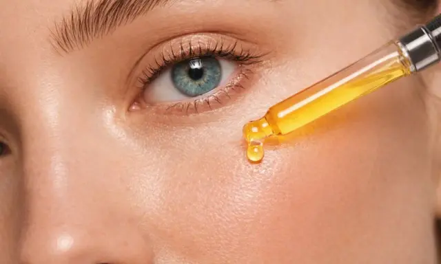 Kropla serum z pipety na skórze. Uważaj na retinol efekty uboczne, jak zaczerwienienie czy suchość.