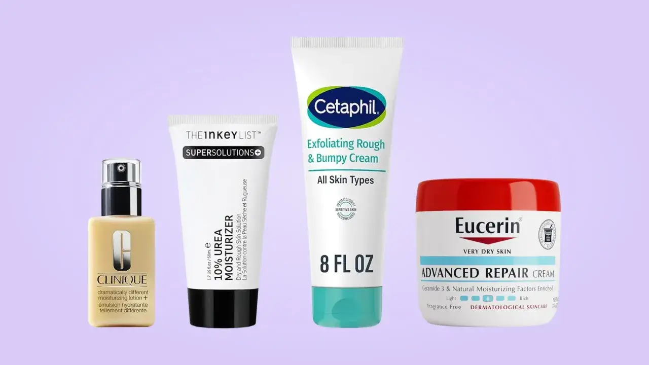 Krem z mocznikiem, jak ten z The Inkey List, nawilża i wygładza suchą, szorstką skórę. Na zdjęciu także produkty Clinique, Cetaphil i Eucerin.