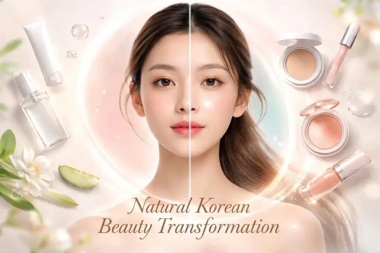 Naturalny koreański makijaż: delikatna sk&oacute;ra, subtelne podkreślenie urody. Kosmetyki do pielęgnacji i makijażu.