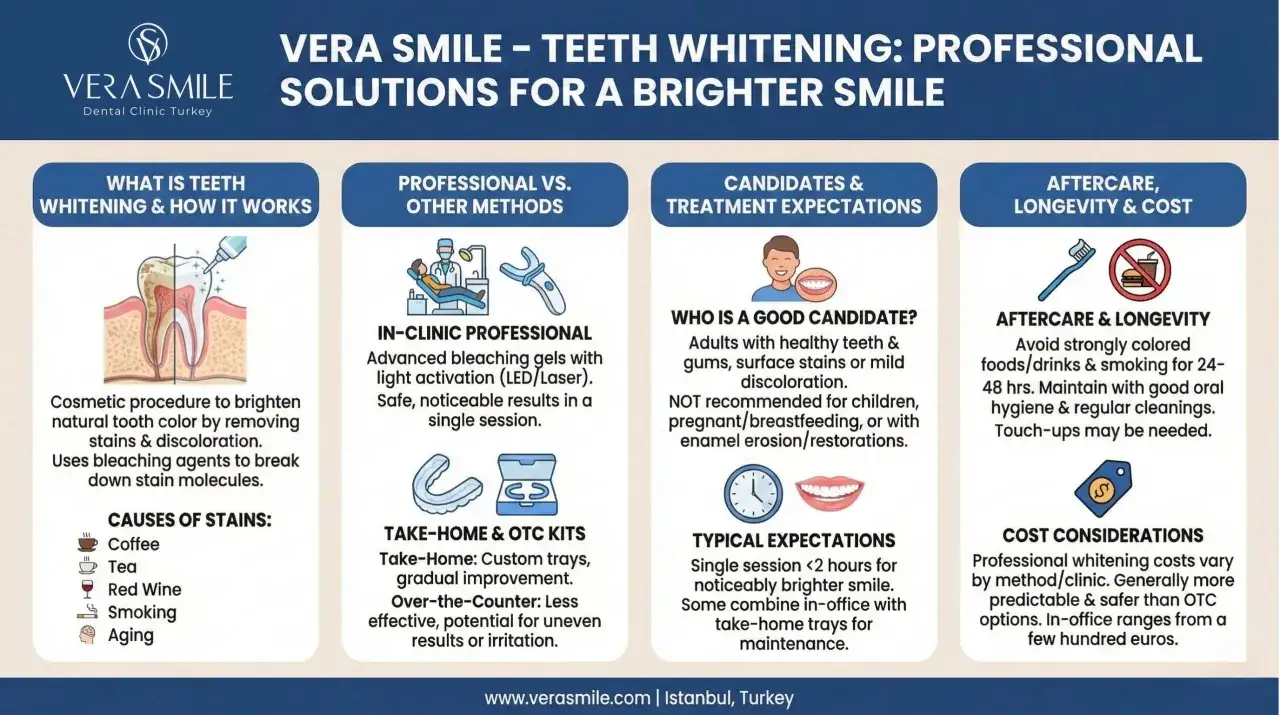 Jak wybielić zęby? Infografika Vera Smile omawia profesjonalne metody wybielania, przyczyny przebarwień i oczekiwania.