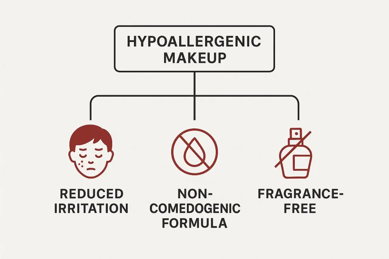 Diagram przedstawia cechy hipoalergicznych kosmetyk&oacute;w: mniejsze podrażnienia, formuła niekomedogenna i brak zapachu. Idealne dla alergik&oacute;w.