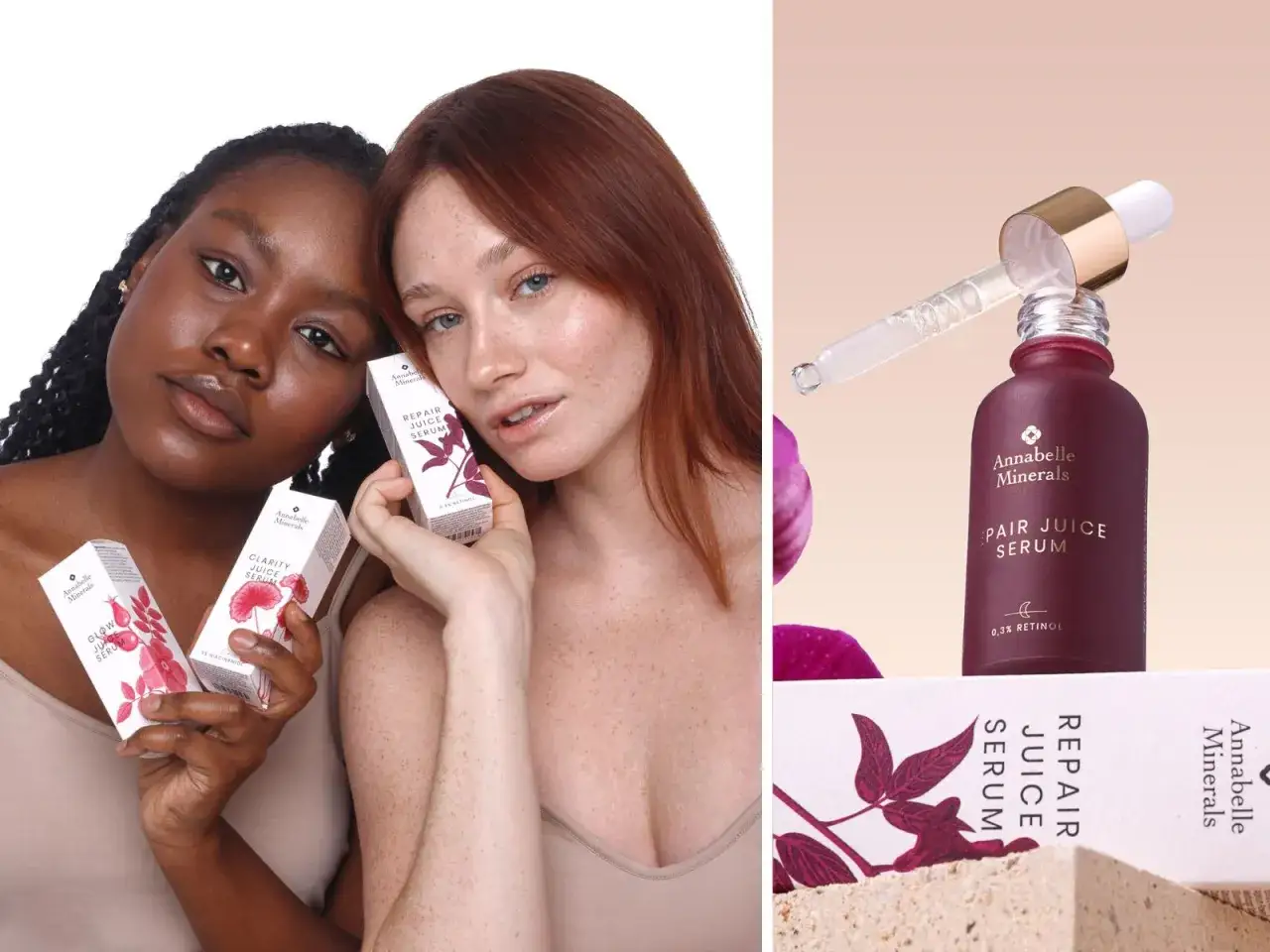 Dwie kobiety prezentują kosmetyki Annabelle Minerals. Jedna z nich trzyma serum z 0,3% retinolem, odpowiadając na pytanie: retinol co to?
