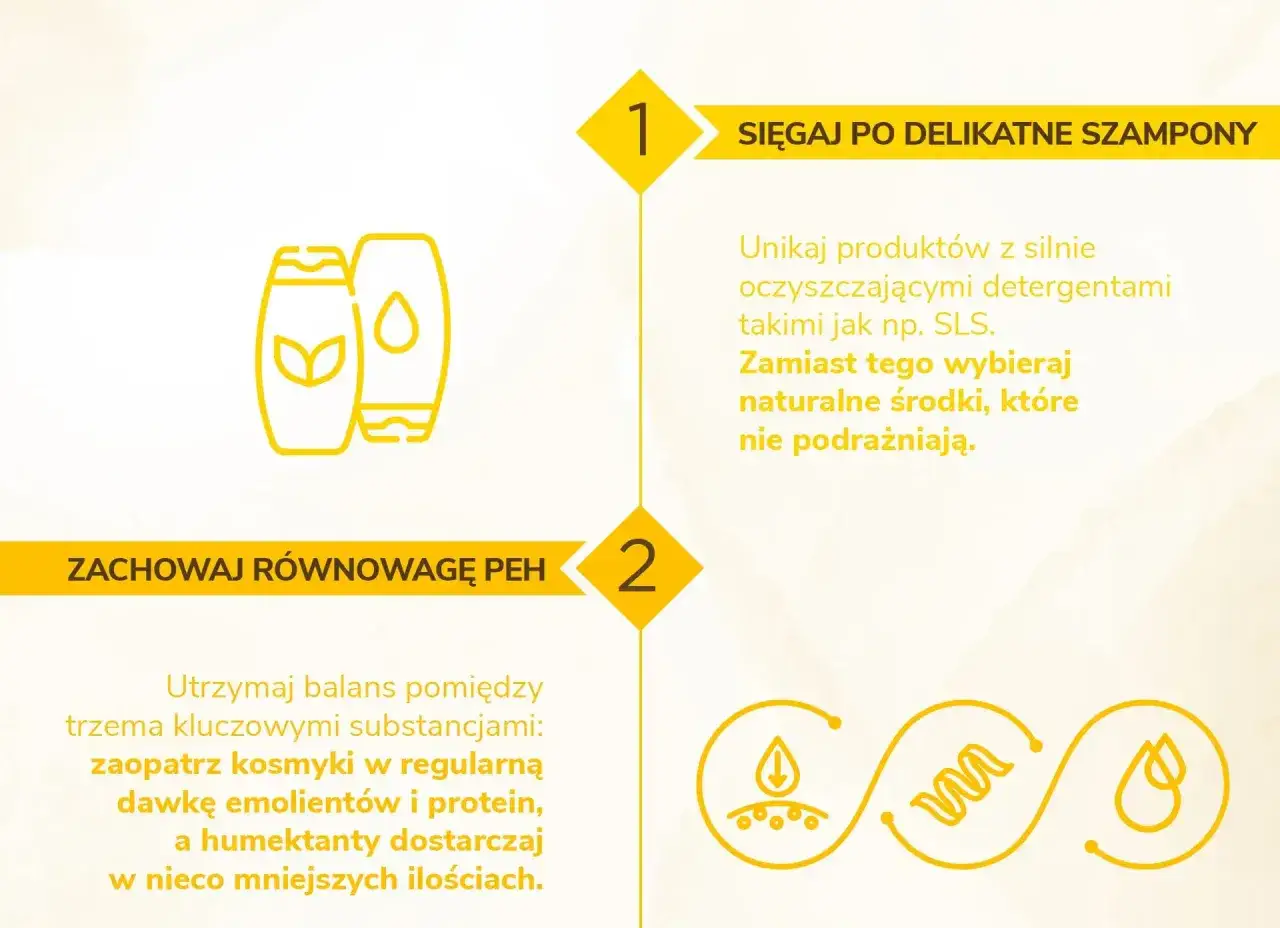 Włosy wysokoporowate pielęgnacja: delikatne szampony i równowaga PEH. Unikaj SLS, wybieraj naturalne środki. Dostarcz emolienty, proteiny i humektanty.