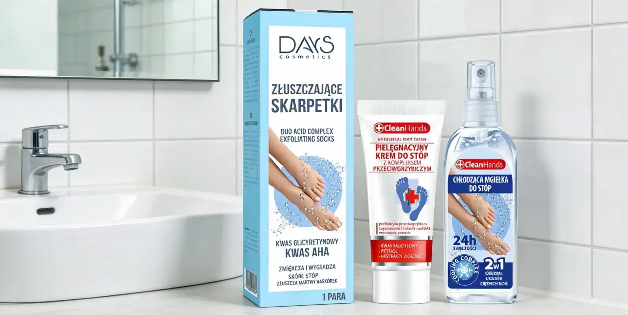 Zestaw kosmetyków do pielęgnacji stóp: złuszczające skarpetki, krem i mgiełka. Idealne do domowego SPA.
