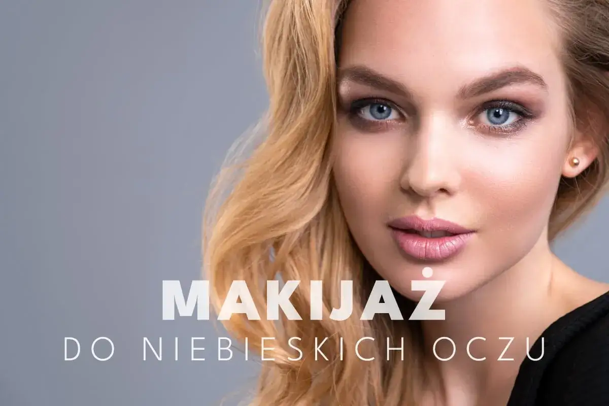 Delikatny makijaż oczu niebieskich podkreślający ich głębię. Kobieta z blond włosami i subtelnym r&oacute;żem na ustach.