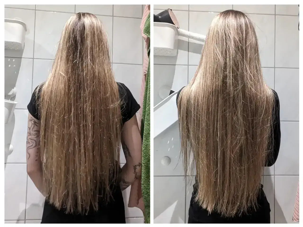 Długie, blond włosy po zabiegu olejowania. Włosy są lśniące i wygładzone, wyglądają na zdrowsze.