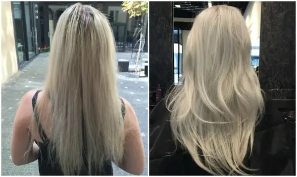 Przed i po zabiegu Olaplex. Włosy z matowych i suchych stały się lśniące i zdrowe. Olaplex efekty widoczne od razu!