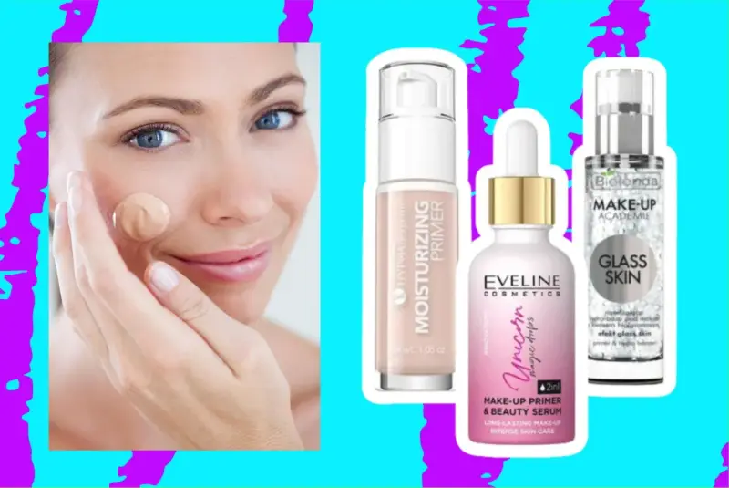 Kobieta aplikuje podkład, obok trzy produkty: nawilżający primer, serum Eveline Unicorn i primer Bielenda Glass Skin.